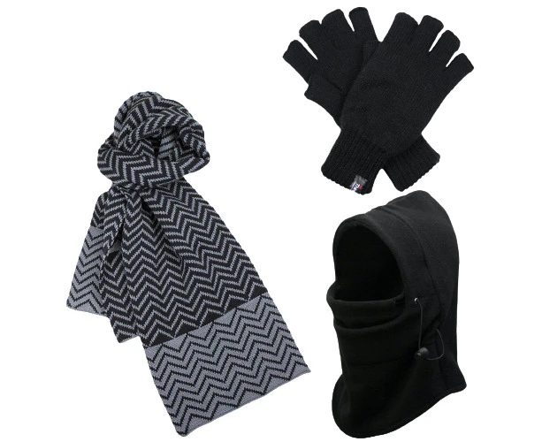 3pc 3M Thinsulate Set Mens Black Thermal Windproof Beanie Hat Scarf Gloves