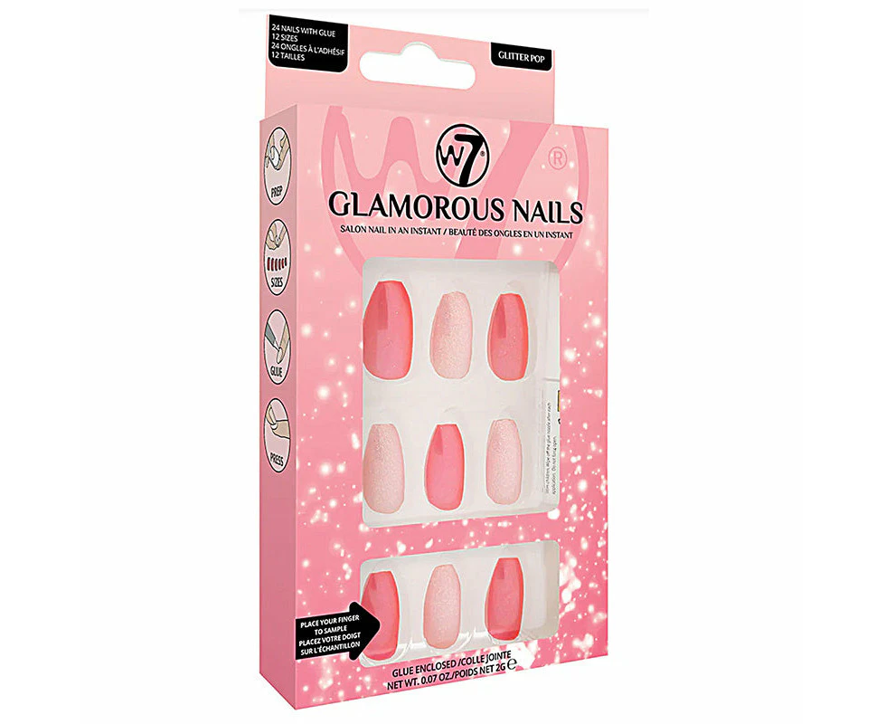 W7 Glamorous Fake Adhesive Nails 24 Pack - Glitter Pop