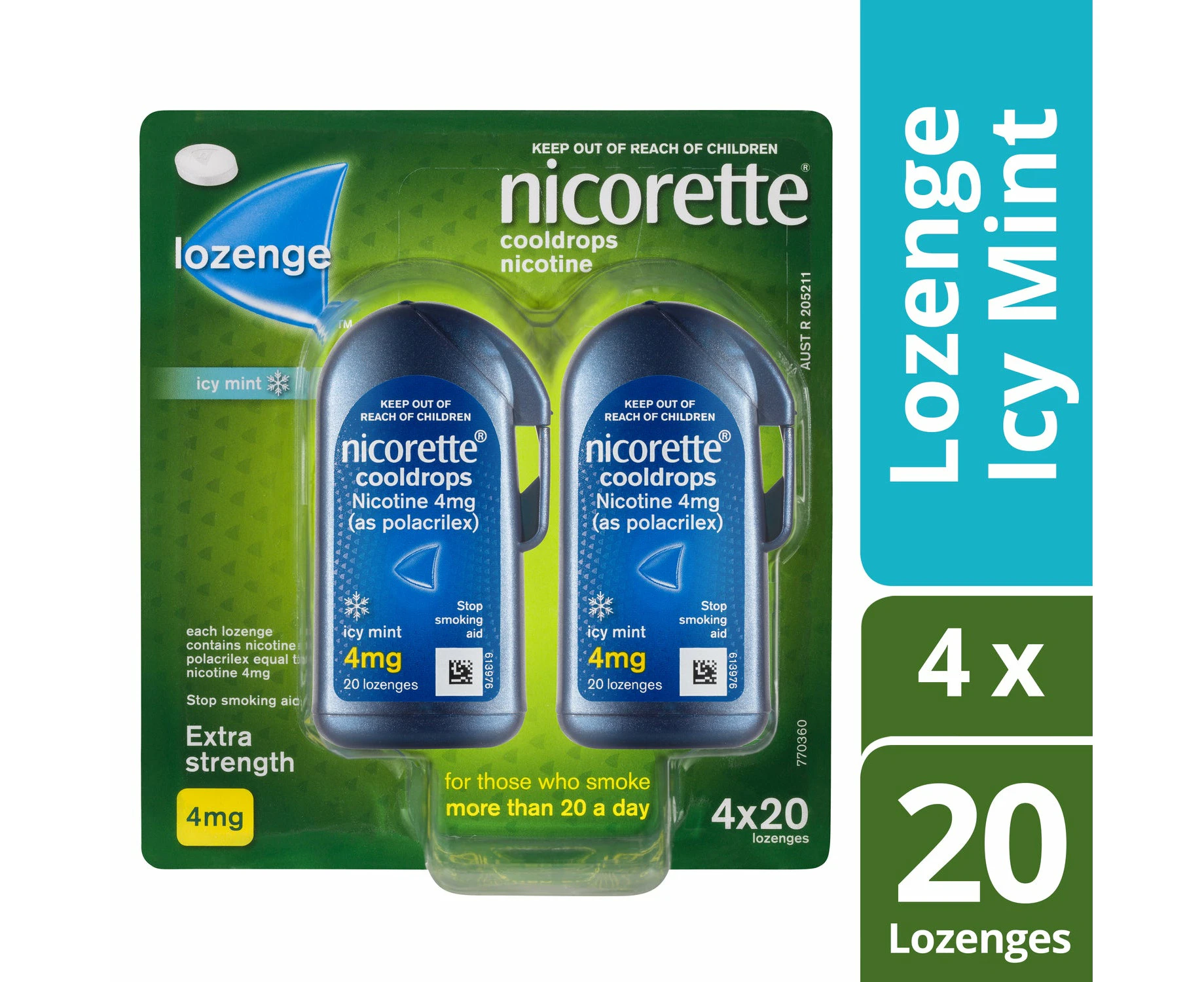 Nicorette Quit Smoking Extra Strength Cooldrops Nicotine Lozenge Icy Mint 4 x 20 Pack