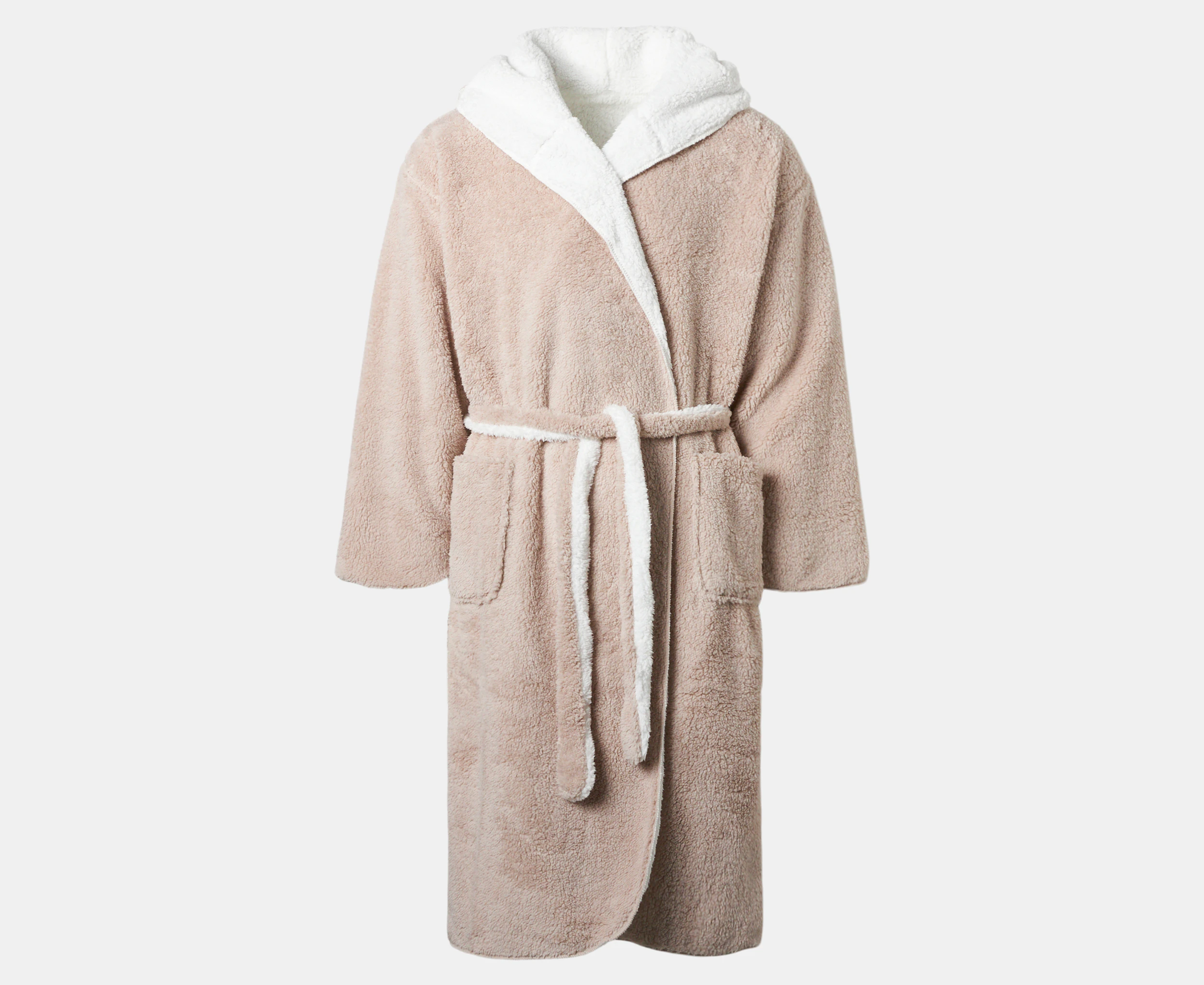 Bambury Unisex Reversible Sherpa Hooded Robe - Taupe/White