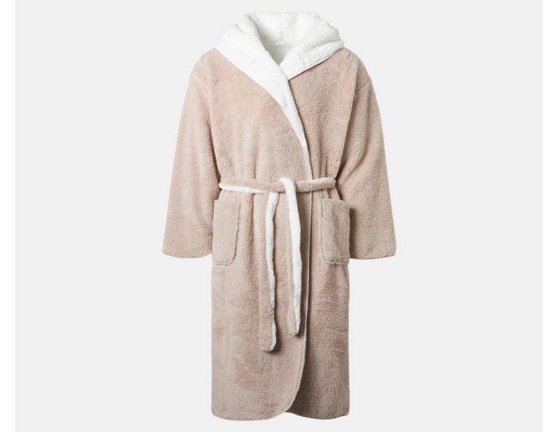 Bambury Unisex Reversible Sherpa Hooded Robe - Taupe/White