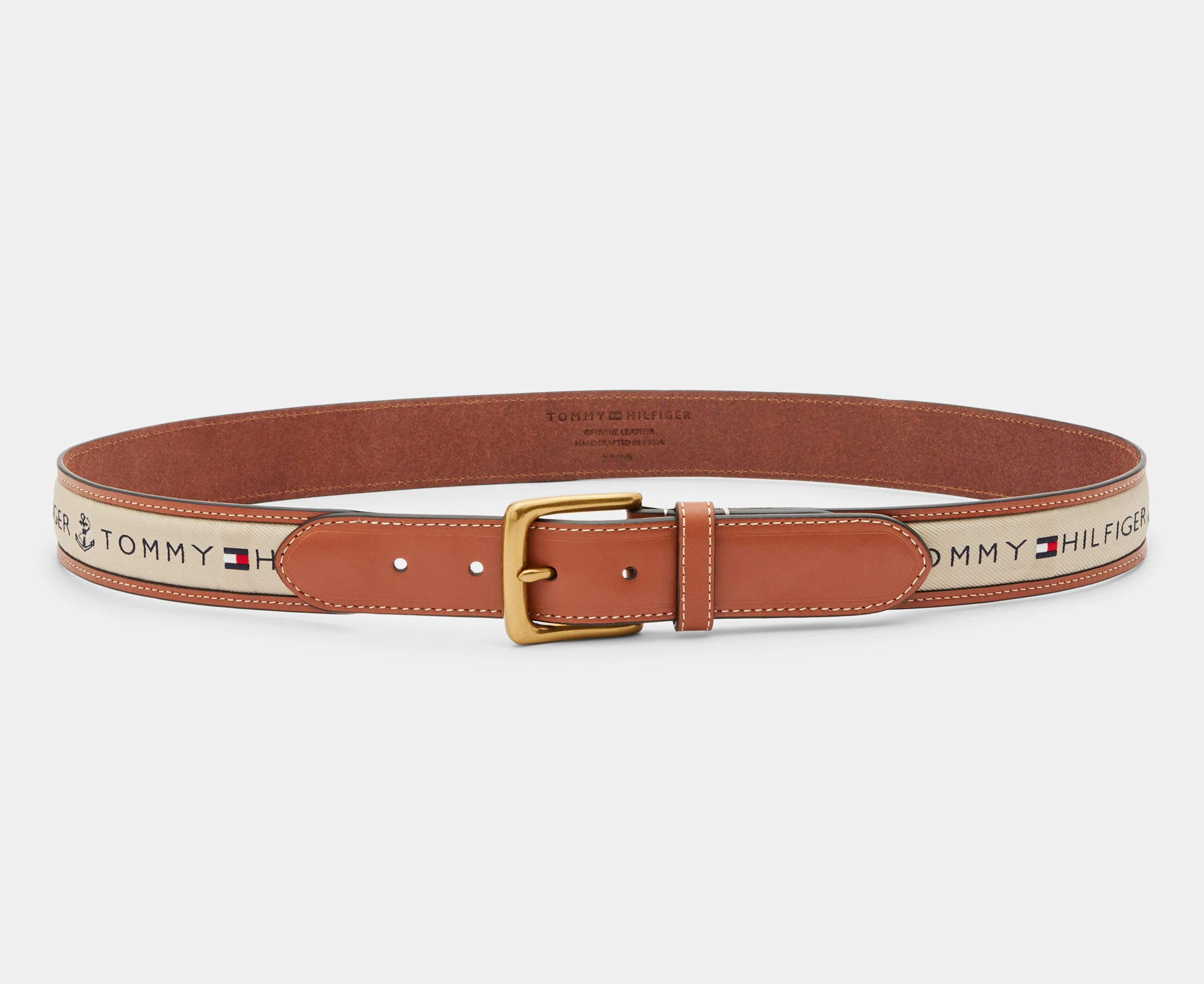 Tommy Hilfiger Men's Ribbon Inlay Anchor Logo Leather Belt - Tan/Khaki