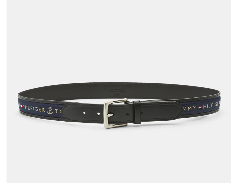 Tommy Hilfiger Men's Ribbon Inlay Leather Belt - Black