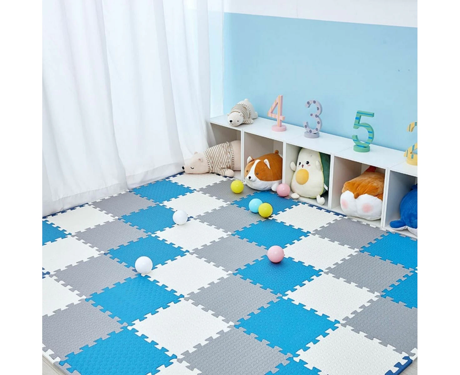 BabiesMart SoftSteps Baby Play Mat Interlocking & Durable Foam Mats - Blue + Grey + White, 30 x 30 x 1.2 CM