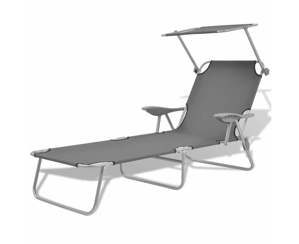 Adjustable Folding Sun Lounger with Canopy Steel Frame Weatherproof Grey Bed