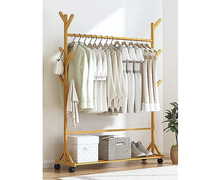 Portable Clothes Rack Coat Garment Stand Bamboo Rail Hanger Airer Closet