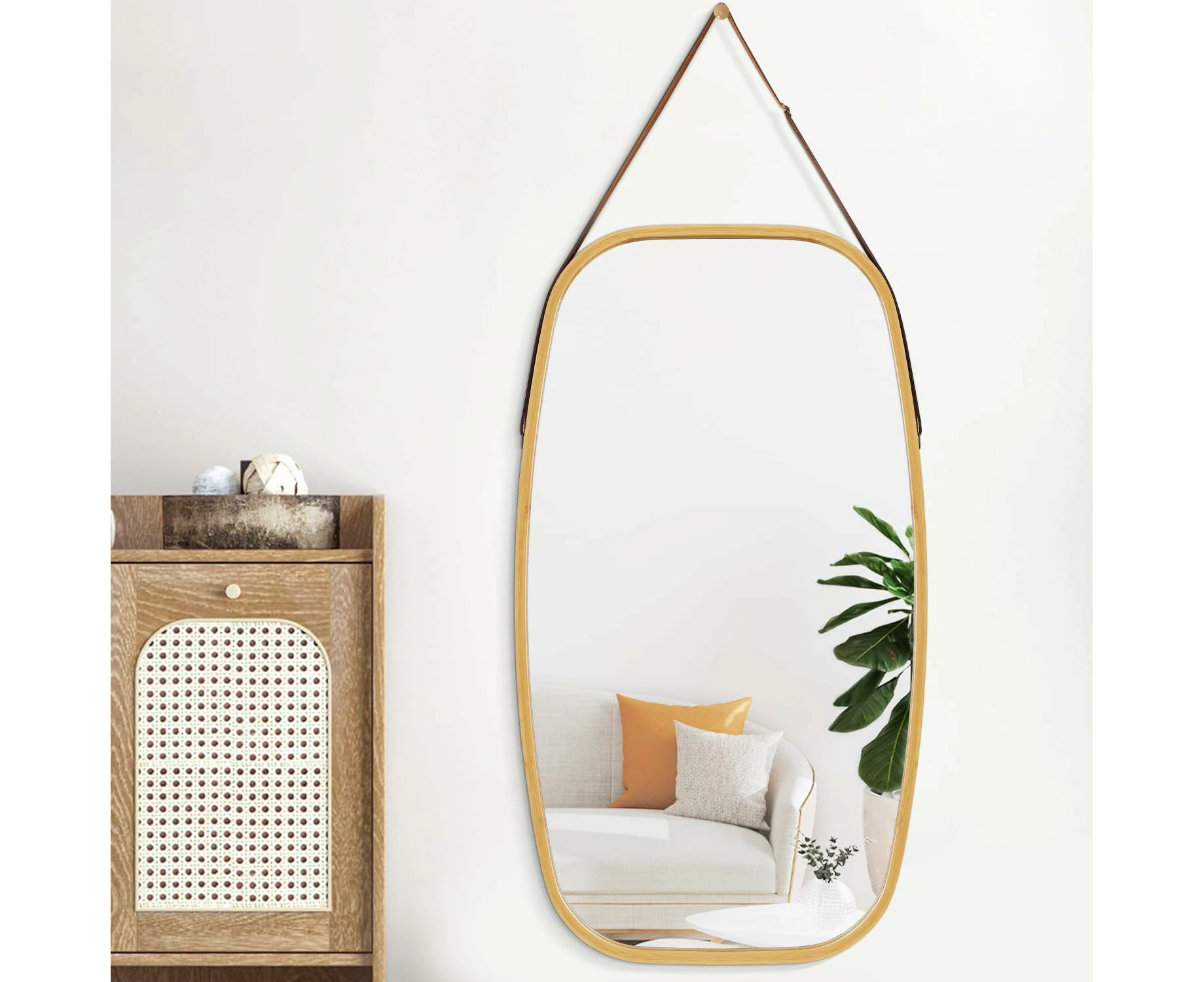 Rustic Mirror Rectangle Hanging Mirror with Bamboo Wood Frame 78x44cm Large Wall Mirror for Bedroom Living Room Dressing Room