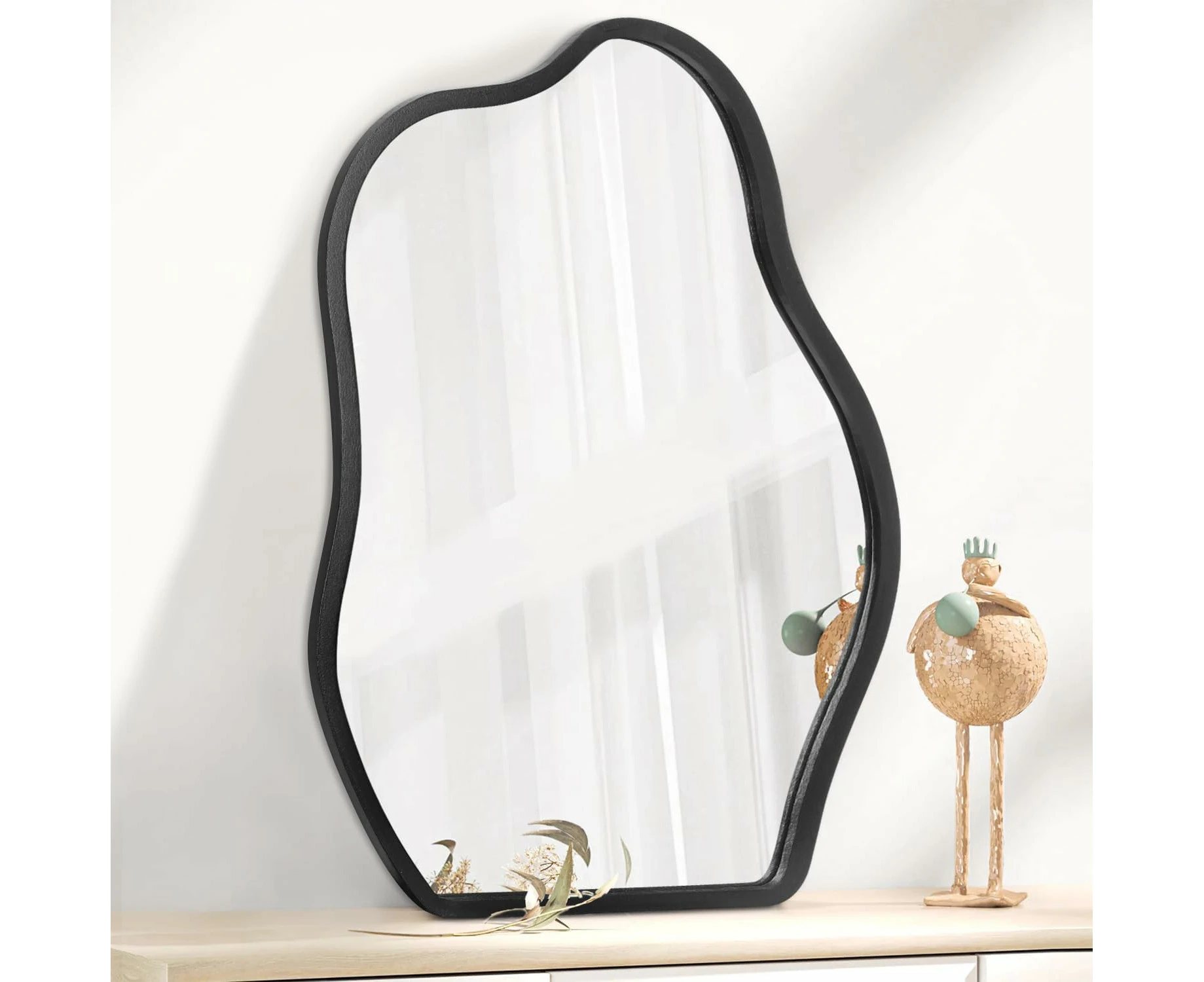 Asymmetrical Wall Mirror with Wood Frame Irregular Modern Hanging Mirror for Wall for Vanity Living Room Bedroom Bathroom Entryway Hallway Modern Uni