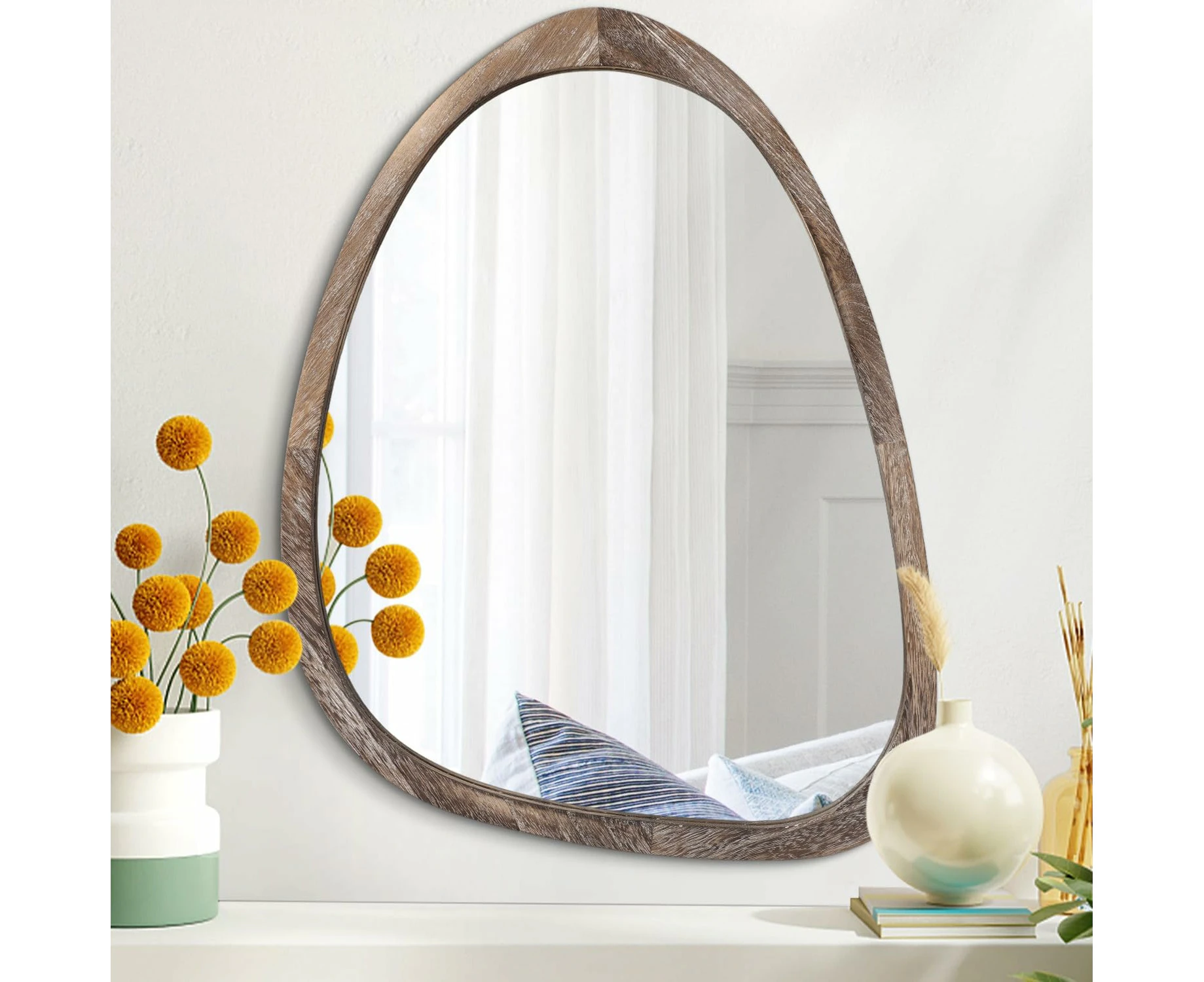 Brown Irregular Wooden Framed Wall Mirror Modern Oval Asymmetrical Unique Hanging Mirror Artistic Wavy Mirror Decor Bathroom Vanity Bedroom Living Ro