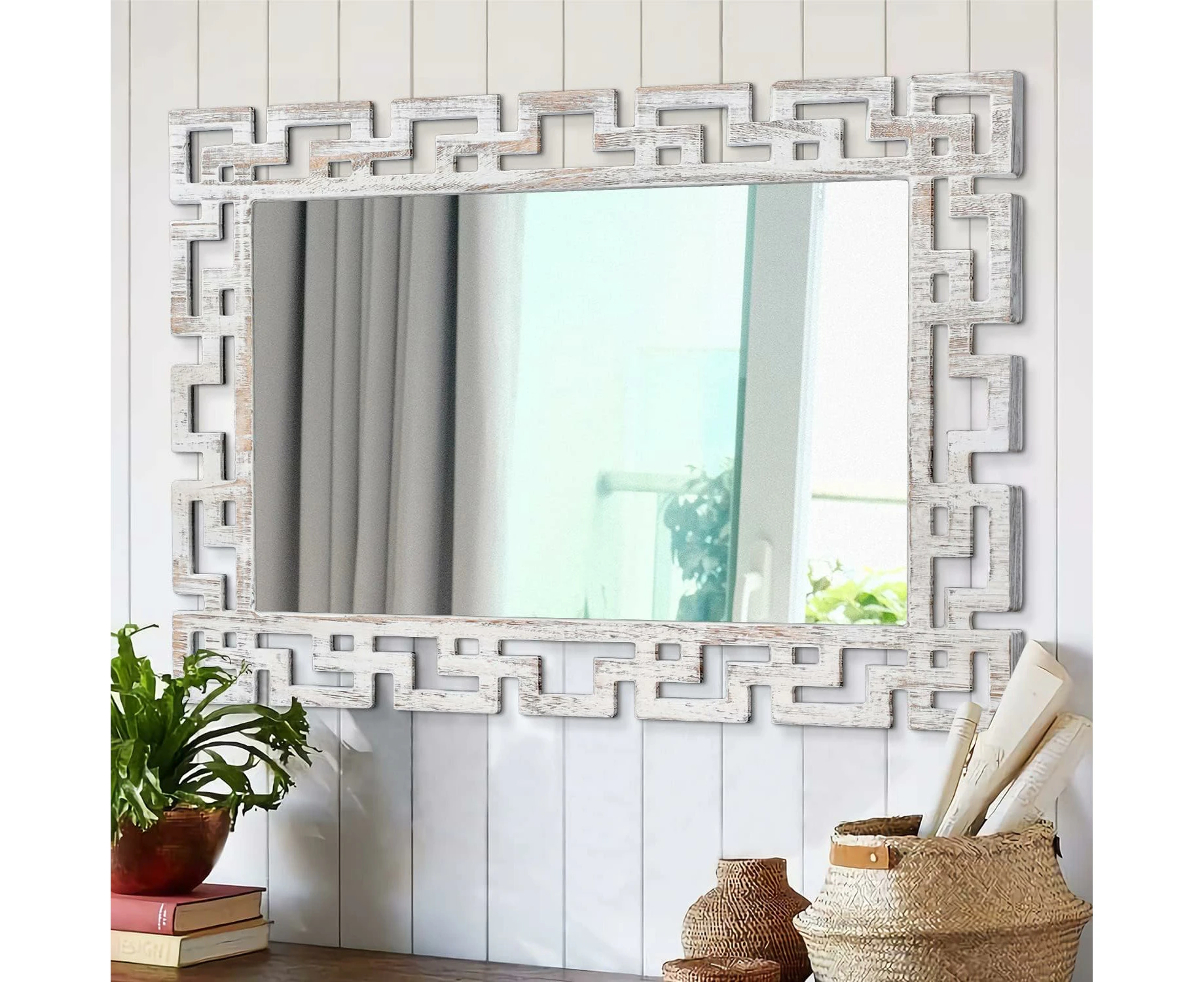 Wall Mirror Decorative 65x45cm Large Rectangle Mirror Rustic Hanging Mirror with Wood Frame Art Decor for Bedroom Living Room Bathroom Farmhouse Whit