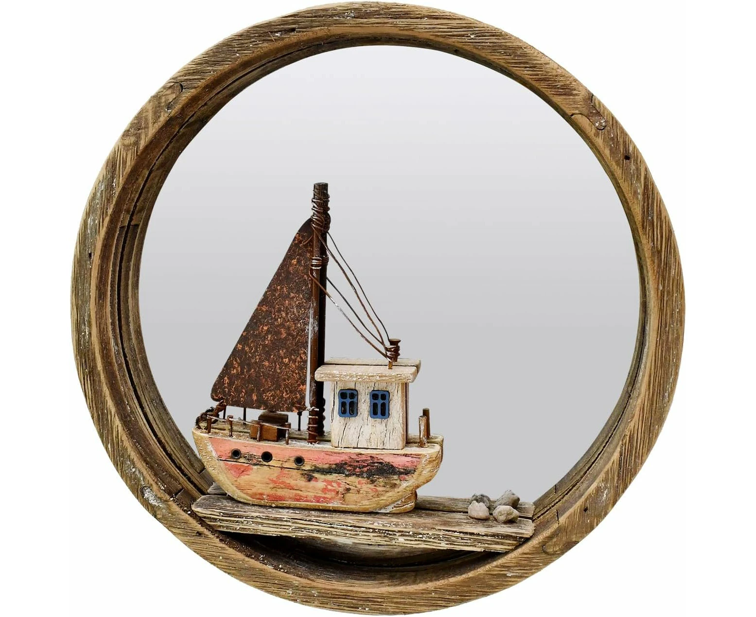 Nautical Wood Wall Decoration Hanging Circle Mirror Sailboat Sign Wooden Sailing Boat Rustic Home Decor Ocean Wall Art Beach Themed Ornament for Door