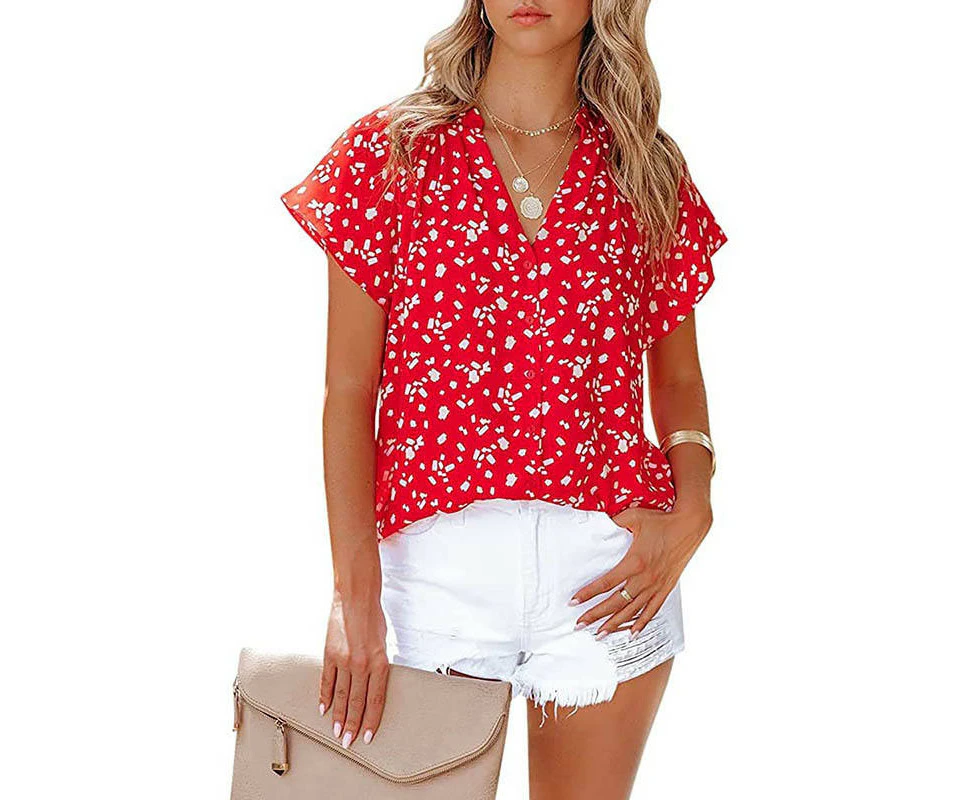 Lookbook Womens V Neck Printed Shirts Lightweight Chiffon Blouse-Red