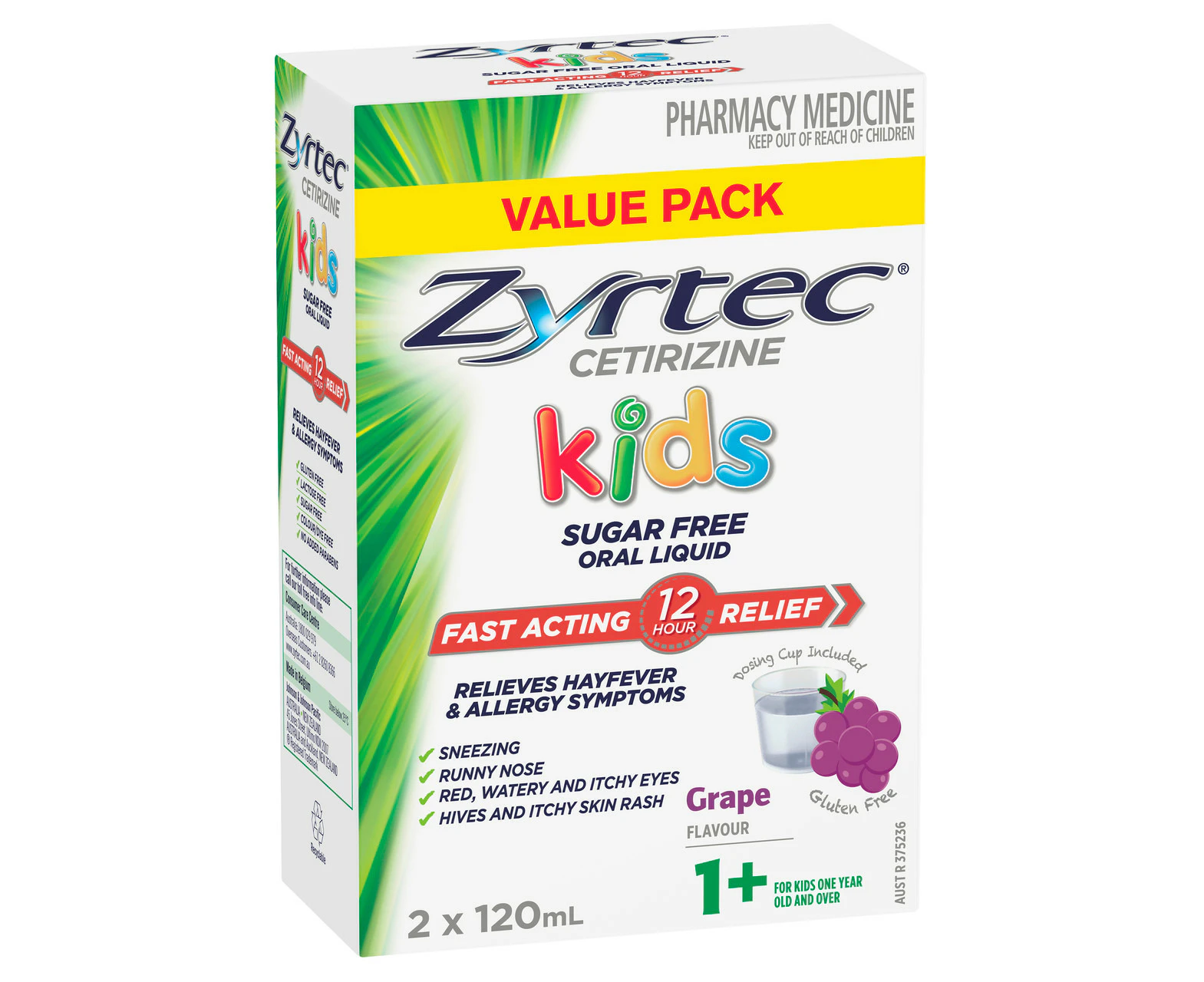 Zyrtec Kids Allergy & Hayfever Relief Antihistamine Grape Liquid 2x120mL Value Pack