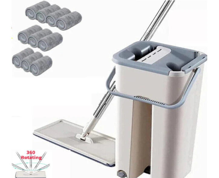 Mop Bucket Wet Dry Rinse Wash 360 Rotating Squeeze Flat Floor Cleaner with Pads