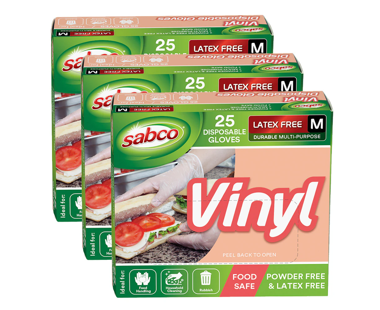 75pc Sabco Multi-Purpose 23cm Disposable Vinyl Latex-Free Gloves Medium White