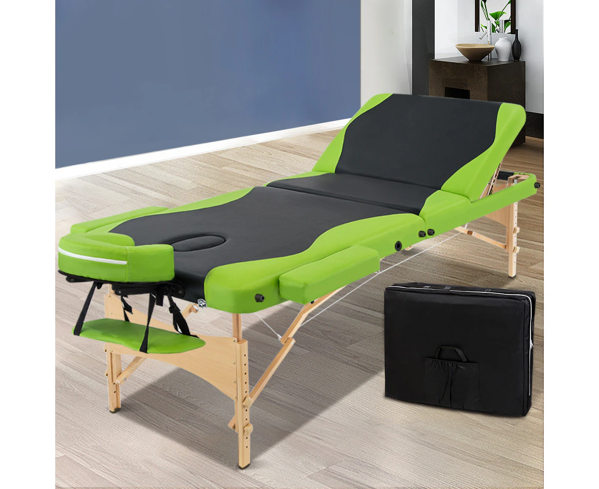 Zenses 70CM Wooden Portable Massage Table 3 Fold Beauty Therapy Bed Waxing Green