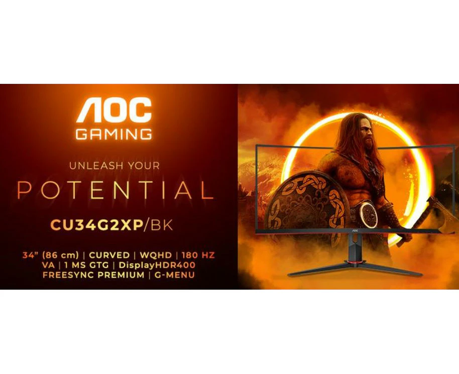 AOC 34' Curved 3440 x 1440 21:9, 1ms, 400cd/m2 HDR, Ultra Fast 180Hz Panel, Adaptive Sync, HDMI: 2.2, DisplayPort: 1.4 Gaming Monitor