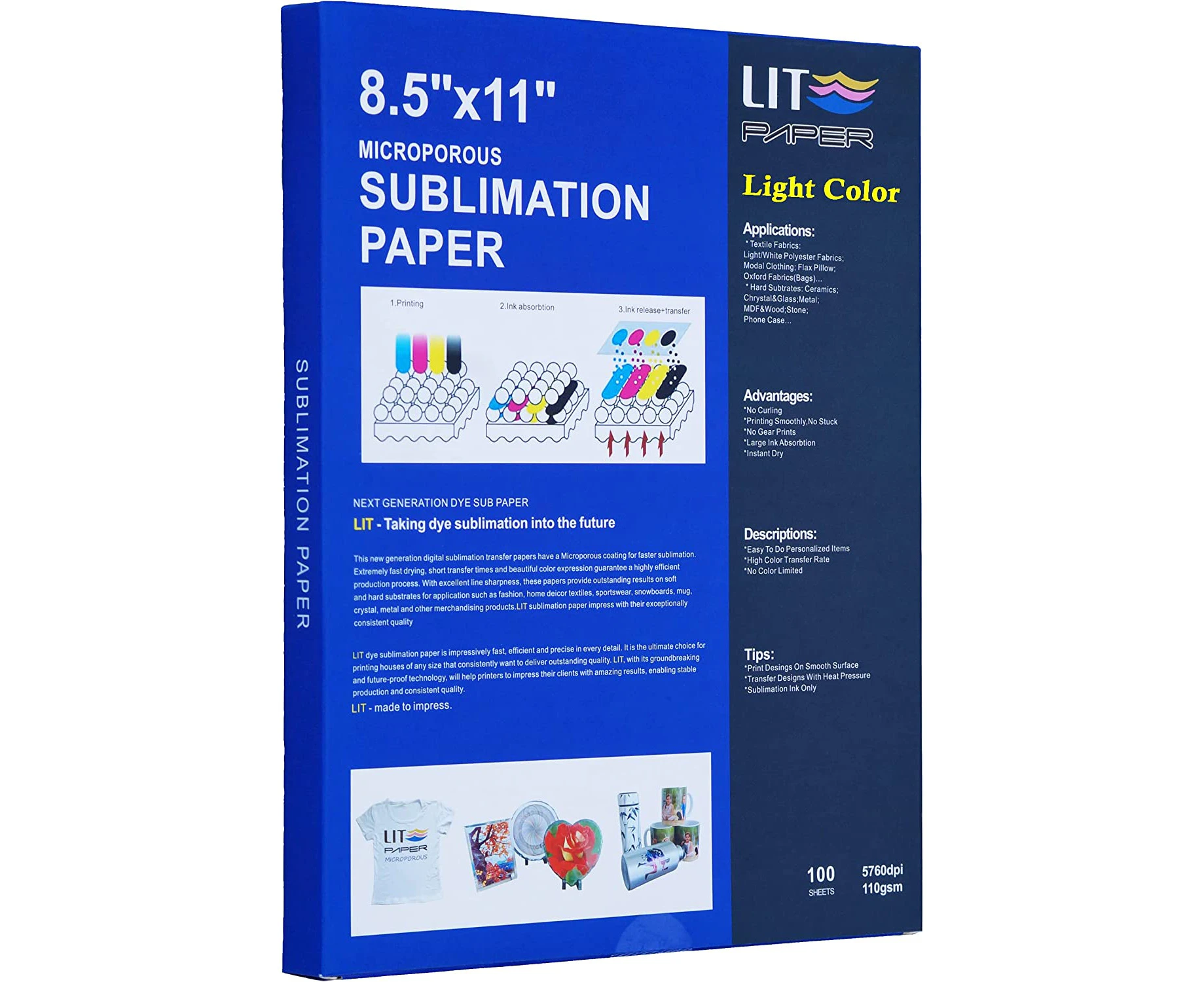 LIT Sublimation Paper 8.5x11 Inch, 100 Sheets 110gsm Heat Press Transfer Paper - for Any Epson Sawgrass Ricoh HP Canon Inkjet Sublimation Printers with Sub