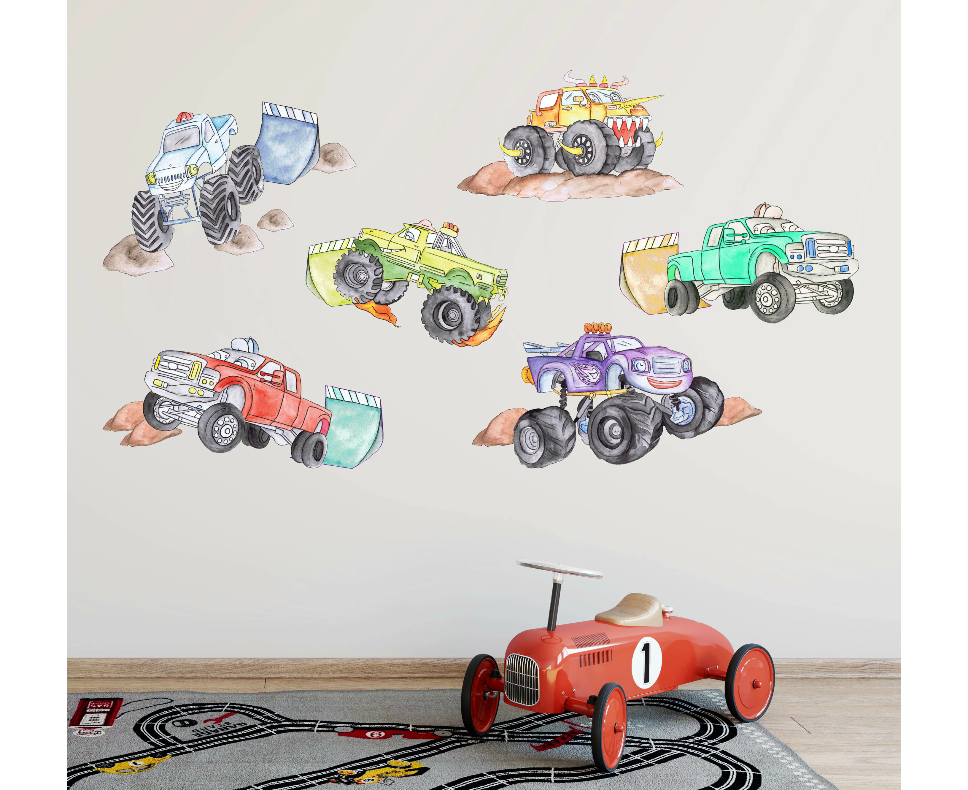 Monster Trucks Australian Design Hand Painted Peel & Stick, Removable Wall Decal. Nursery, Kids Playroom, Kids Teens Bedroom