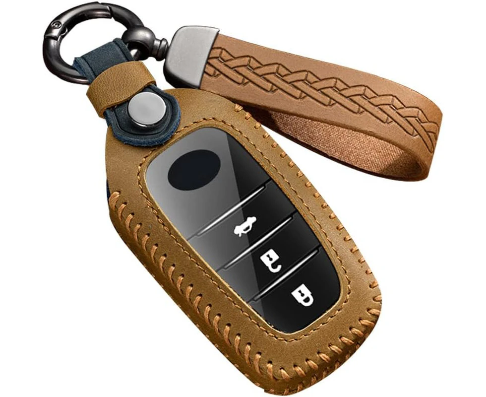 ontto Leather Car Key fob Cover fit for Toyota Hilux SW4 Innova Fortuner Crown Land Cruiser 2/3/4 Buttons Keychain Keyring Accessories Smart Key Bag Key Ho