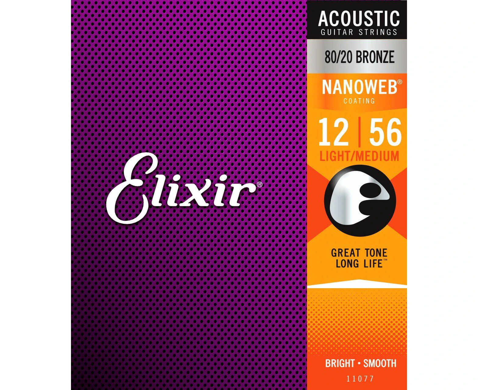 Elixir #11077 Acoustic Nano Guitar String 80/20 Bronze 12-56 Light-Medium Gauge