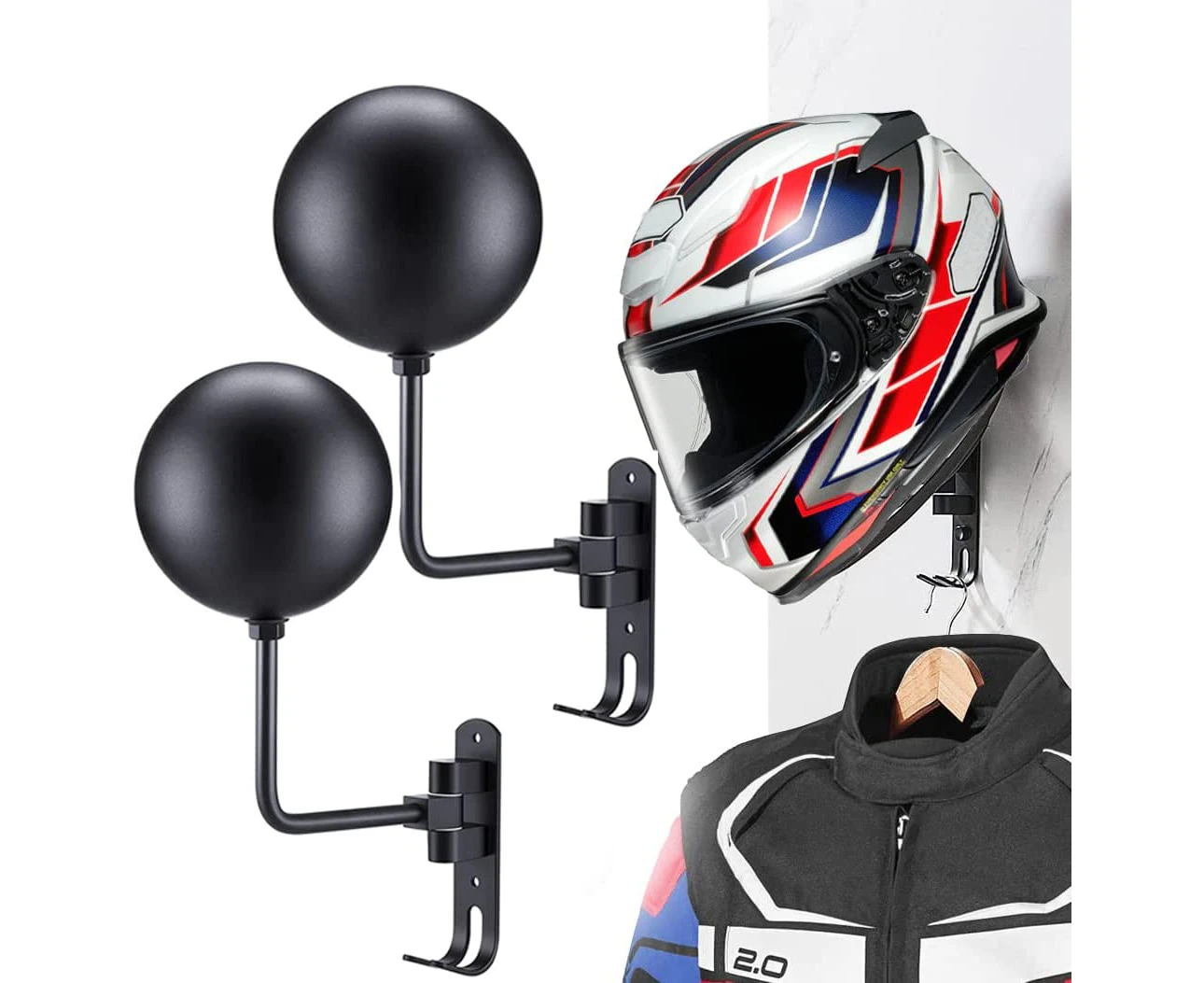 motofans helmet stand, Rotation Metal Helmet Holder Wall Mount, Helmet Holder Bike with 2 Hooks Helmet Hanger for motorbike, Caps, Baseballs, Rugby Helmet