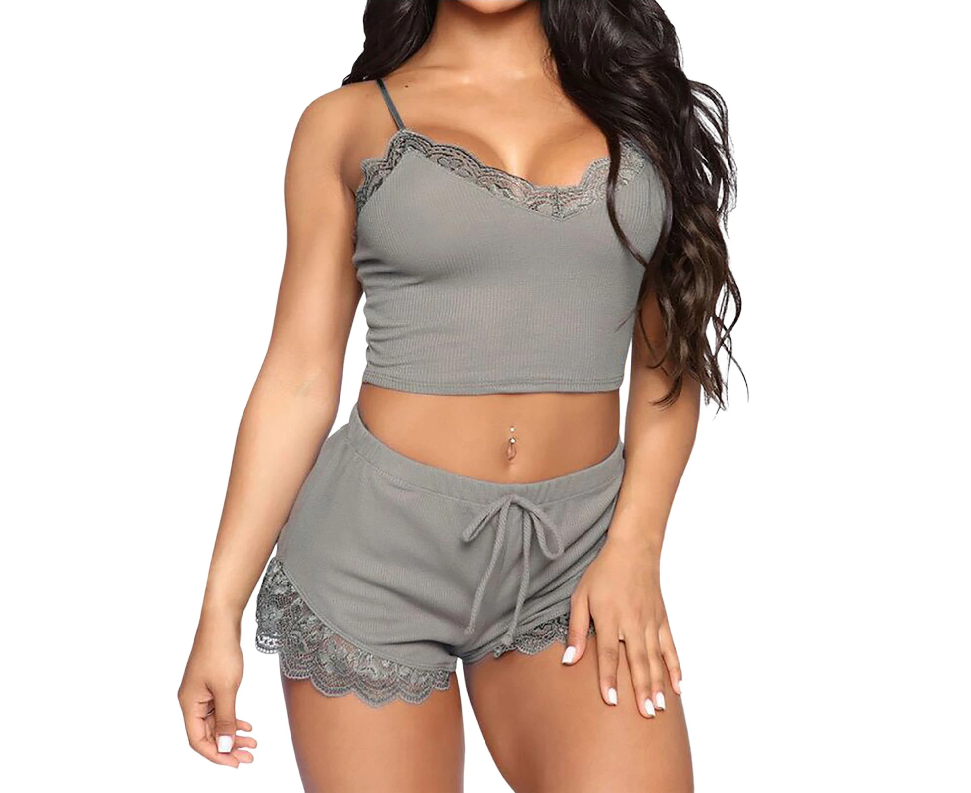 2 Pcs/Set Women Pajamas Set Crop Top Shorts Lace Edge Solid Color Spaghetti Strap Sexy Soft Sleeveless Lady Night Clothes for Sleeping - Grey