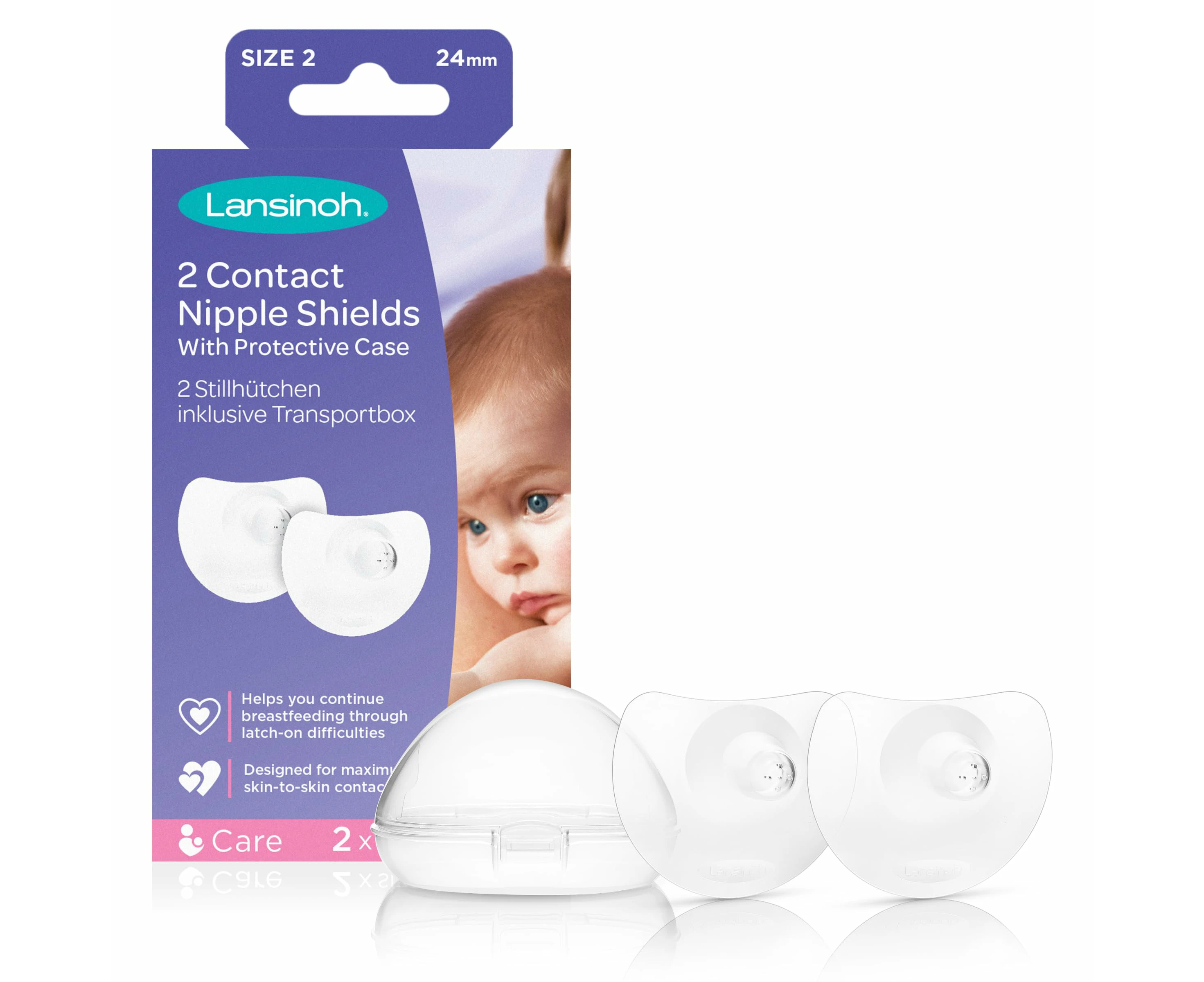 Lansinoh Contact Nipple Shields for Breastfeeding + Case Size : Large 24mm 2 pack - BPA free Nursing Breast Shield Cups Breast Feeding Latch Support Nipple