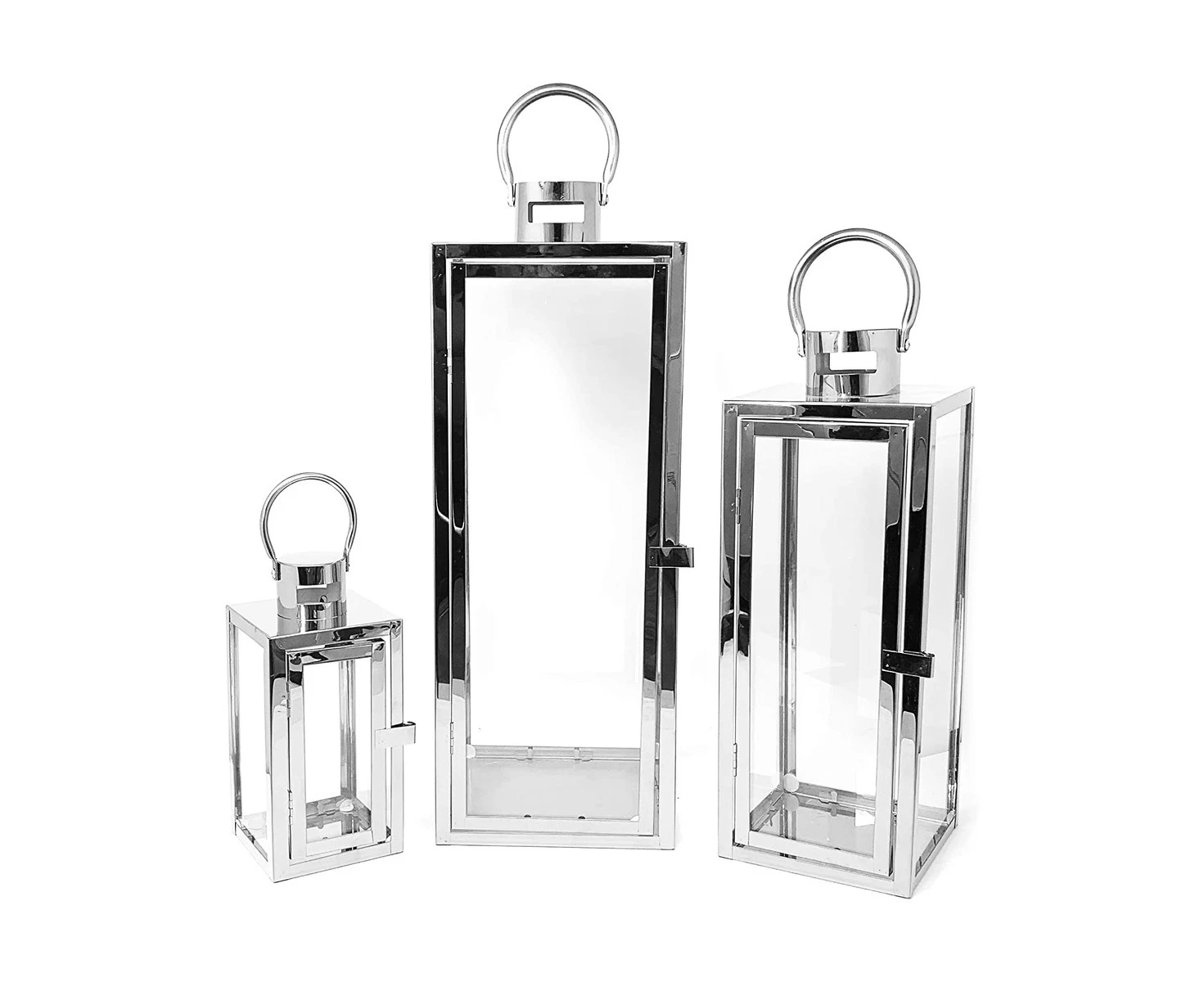 Floor Lantern Set of 3 Candle Holder Stainless Steel SQ Silver