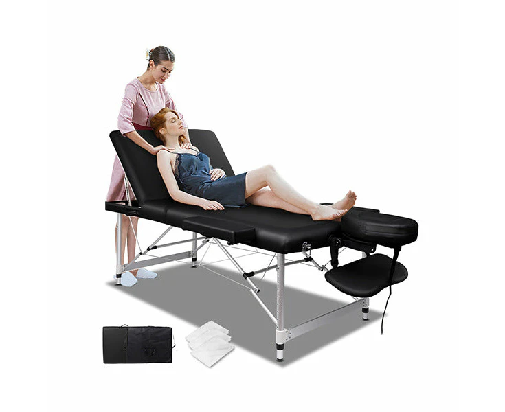 75Cm Massage Table 3 Fold Portable Aluminium Lift Up Bed Desk - Black