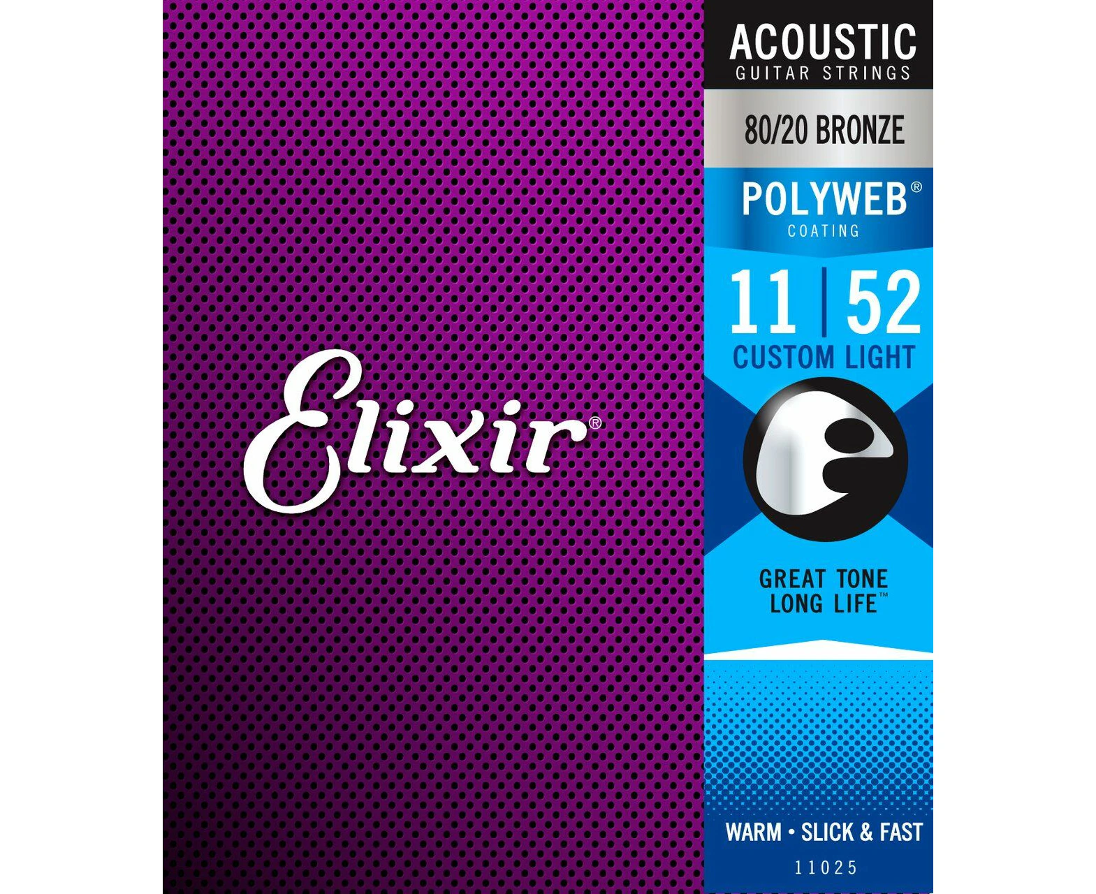 Elixir #11025 Acoustic Polyweb Guitar String 80/20 Bronze 11-52 Custom Light