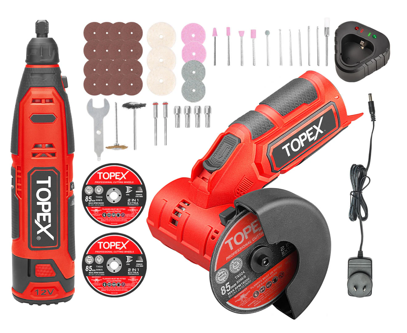 TOPEX 12V Cordless Rotary Tool W/12V Cordless Angle Grinder & Lithium Battery