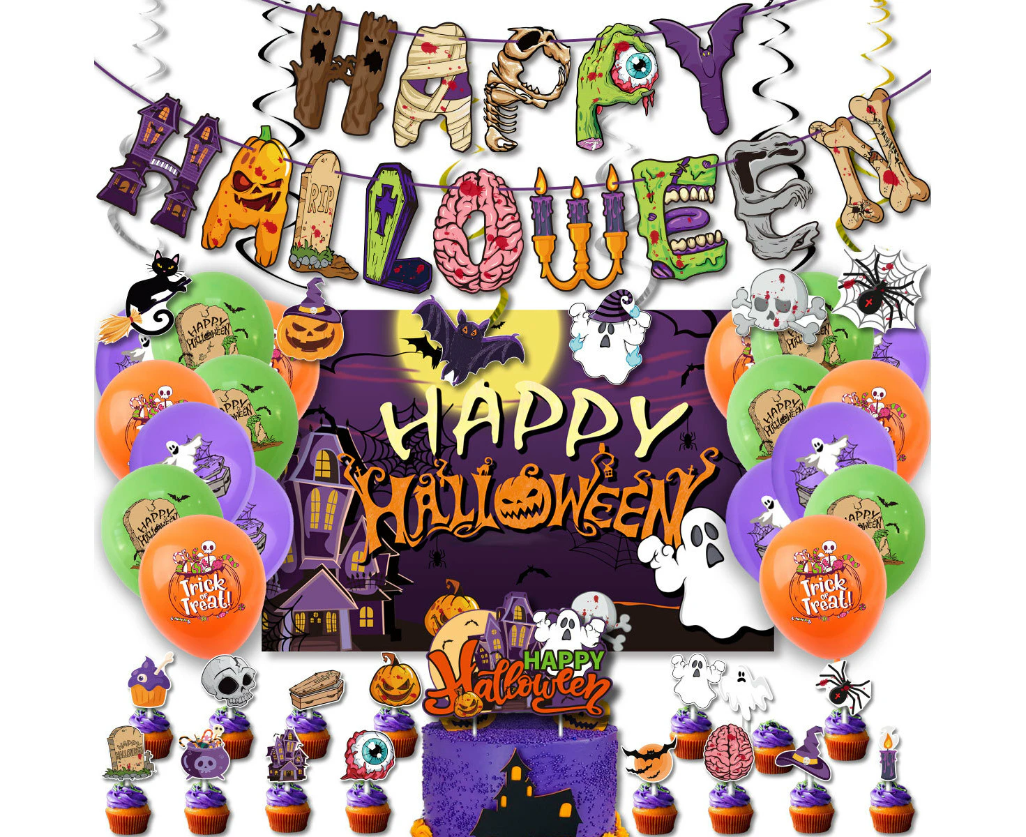 Halloween Party Supplies Balloons Cake Topper Banner Birthday Decorations