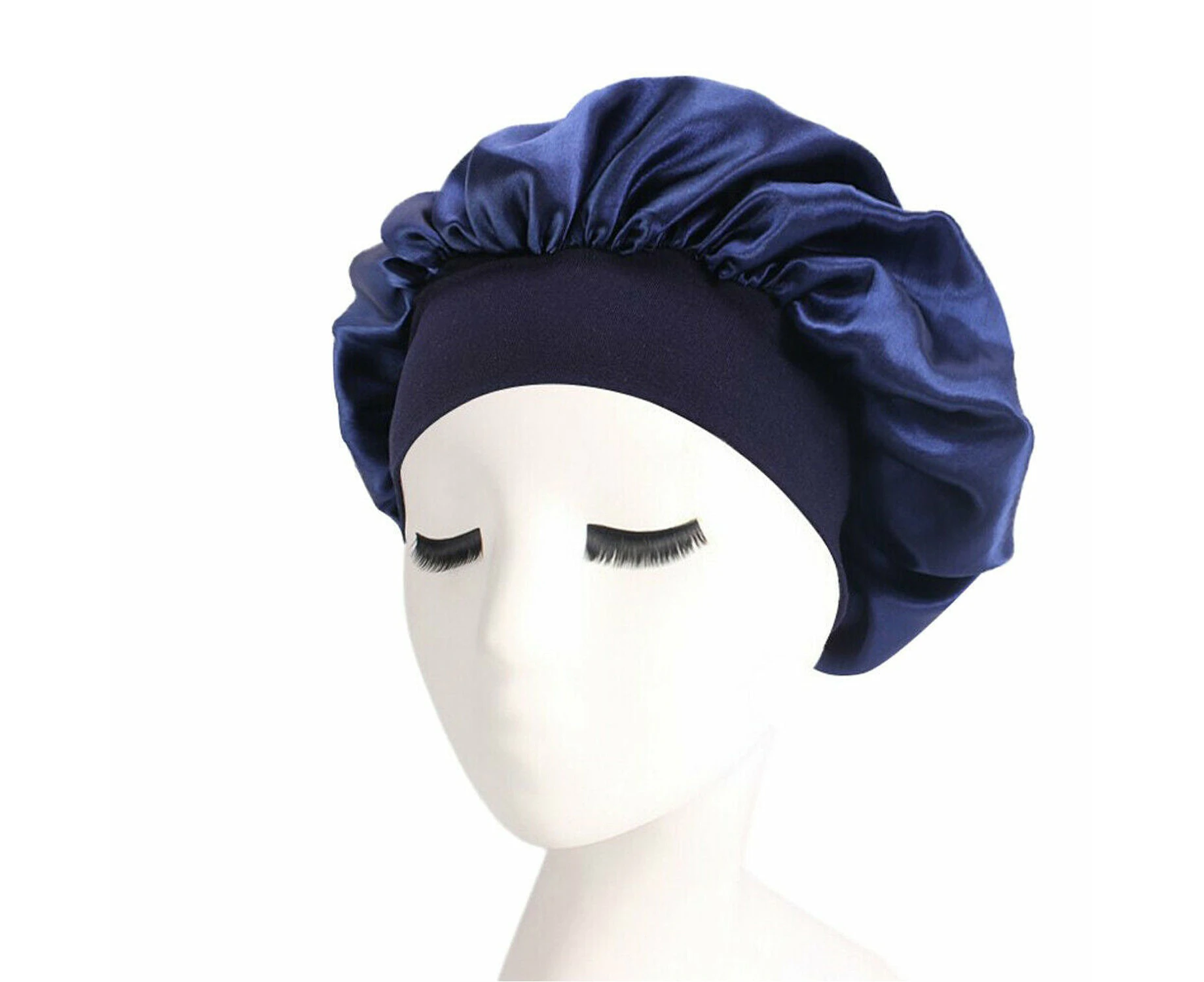 Sleeping Bonnet Hair Wrap Silk Satin Cap Women Elastic Night Soft Hat Headwear - Navy