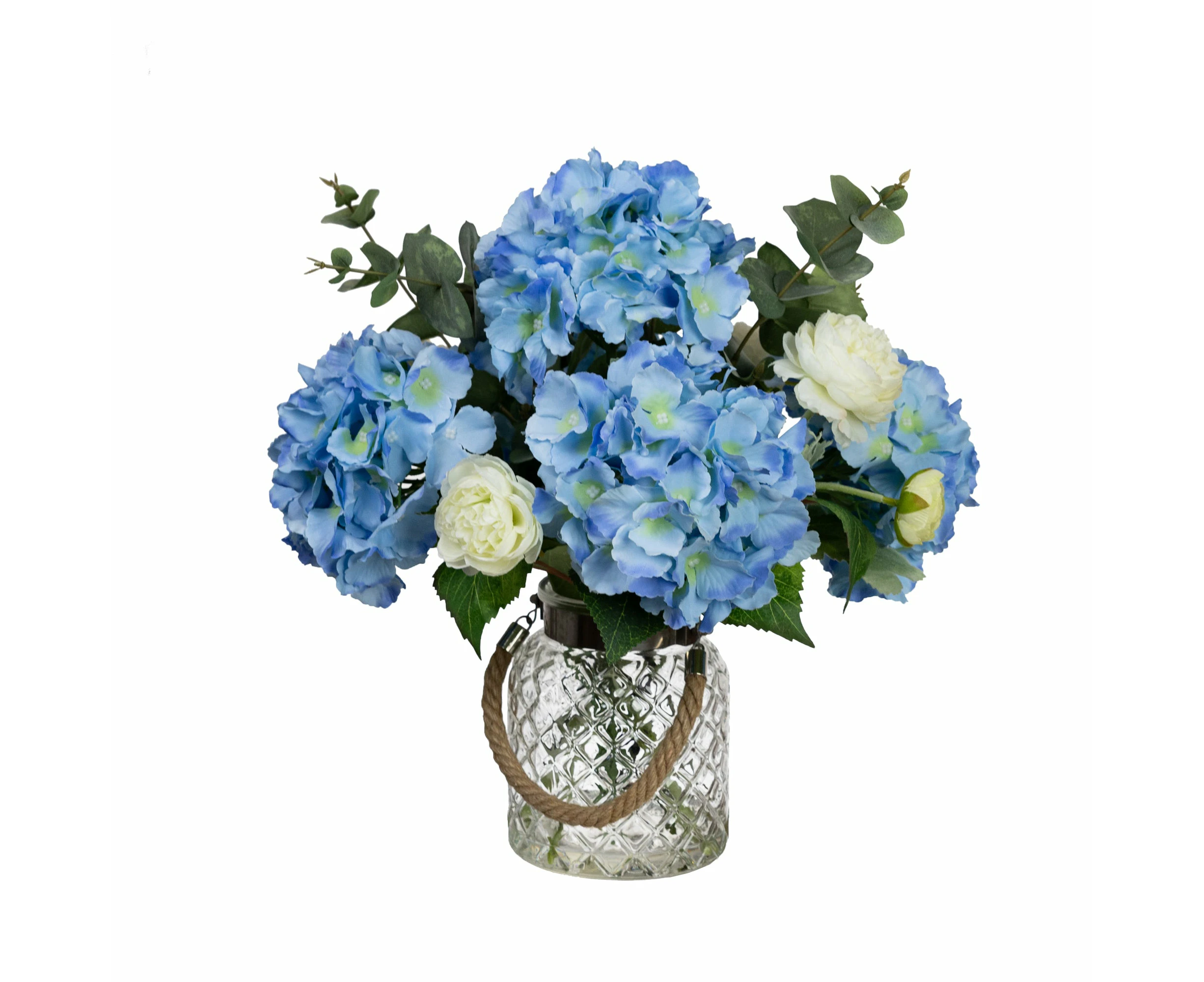 Glamorous Fusion Blue Hydrangea & Peony Mixed Artificial Fake Plant Decorative Arrangement 38cm In Maison Jar