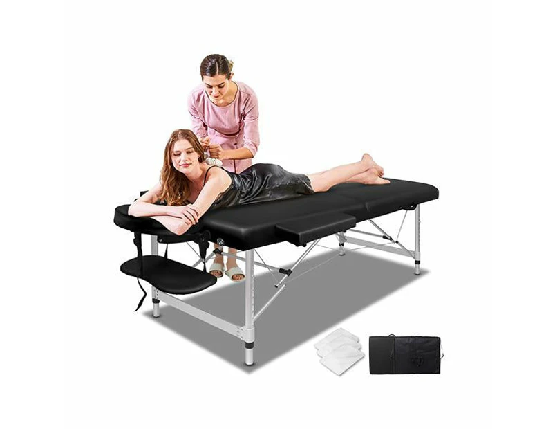 75Cm Massage Table 2 Fold Portable Bed Desk Aluminium Lift Up - Black