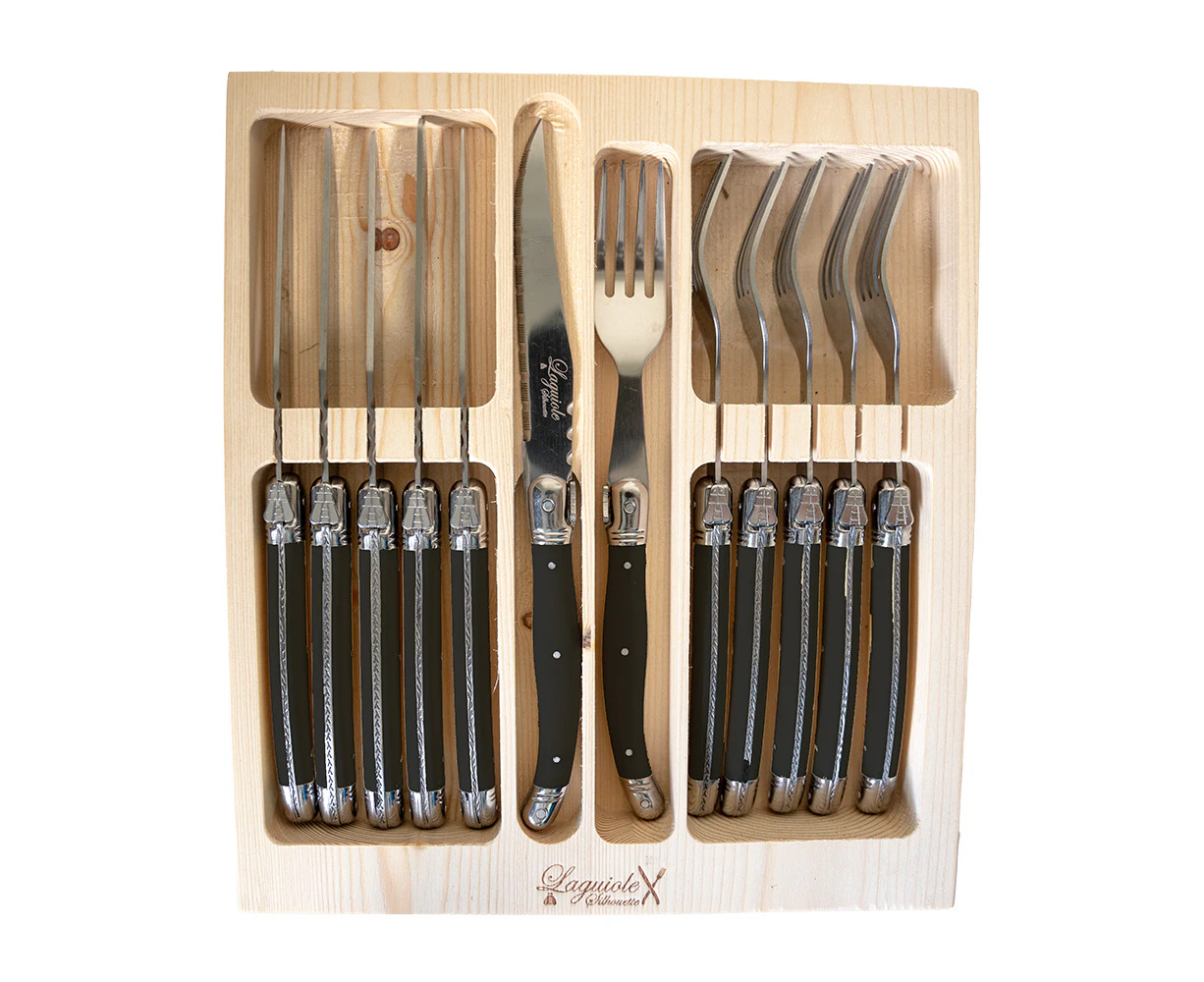 12pc Laguiole Silhouette Stainless Steel Steak Knife & Fork Cutlery Set Black