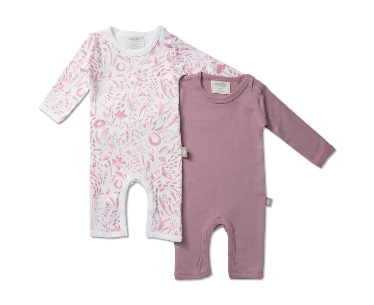 Babyushka Organic Water colour Flora  2pack Long sleeve Jumpsuit Pink AOP & Pink solid