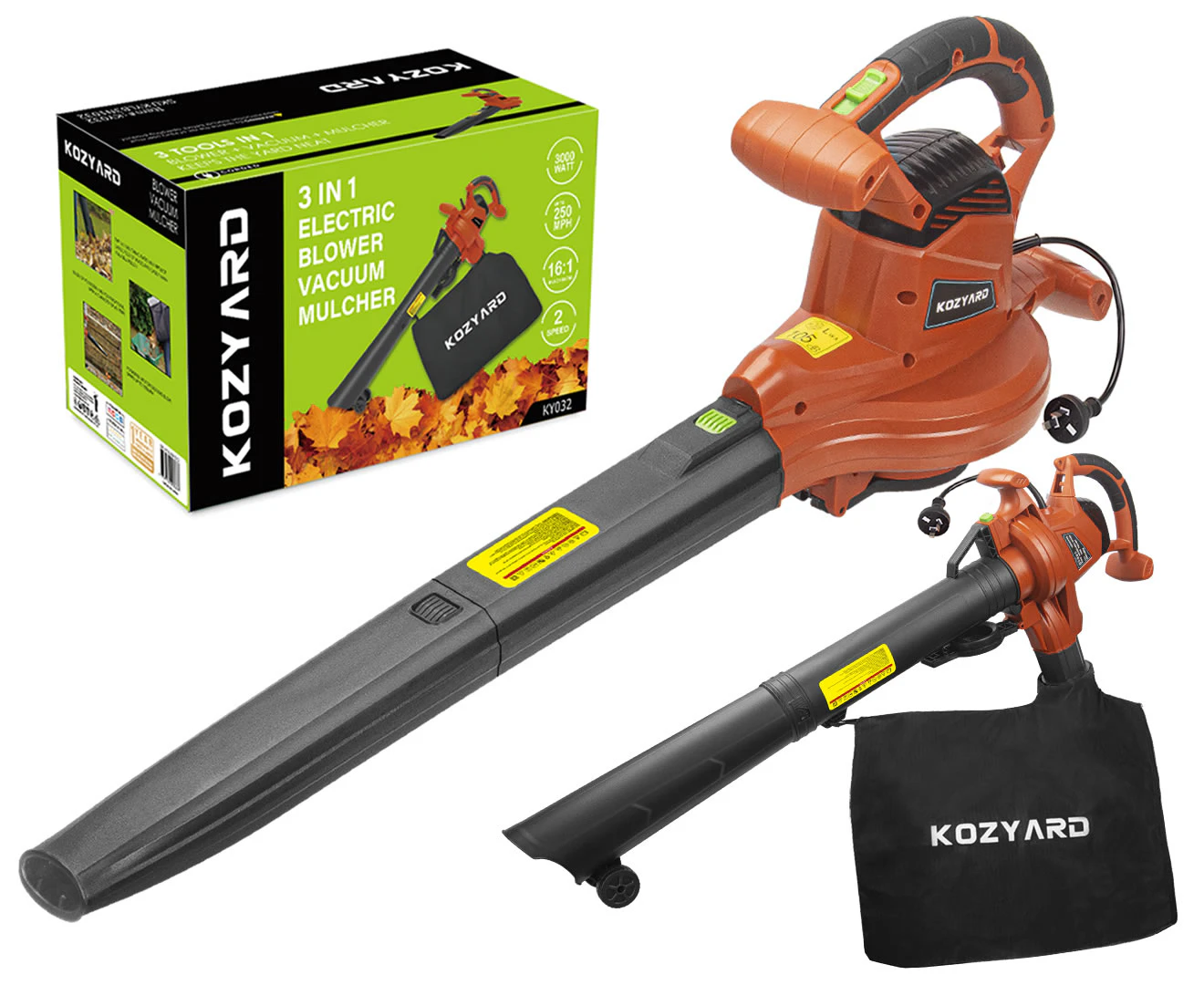 KOZYARD 3-in-1 Electric Leaf Blower Vacuum Mulcher 3000W Hand-Held Leaf Vac Garden Gauge