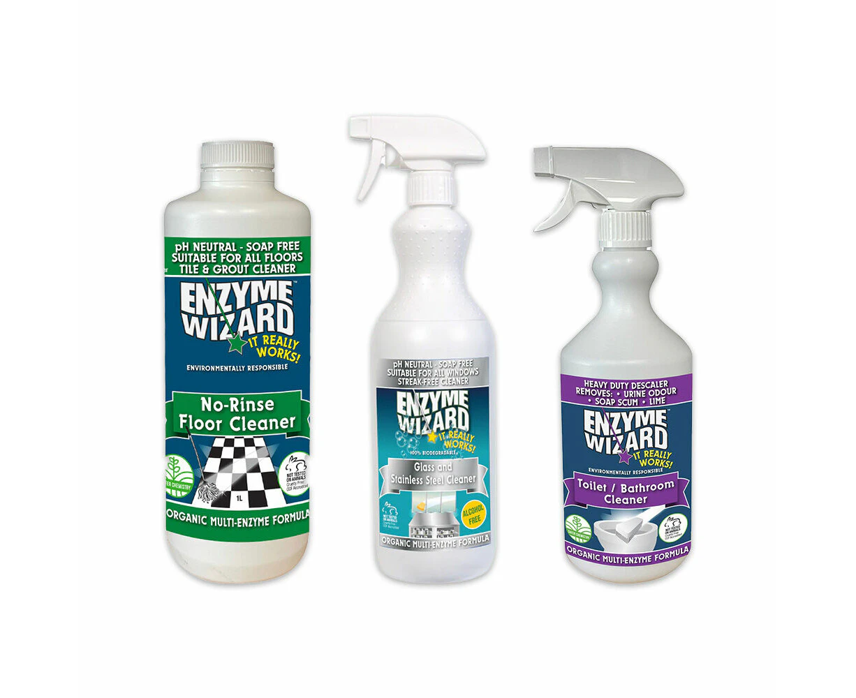 3pc Enzyme Wizard Bathroom Pack Floor 1L/Glass 750ml/Toilet Cleaner 750ml Set