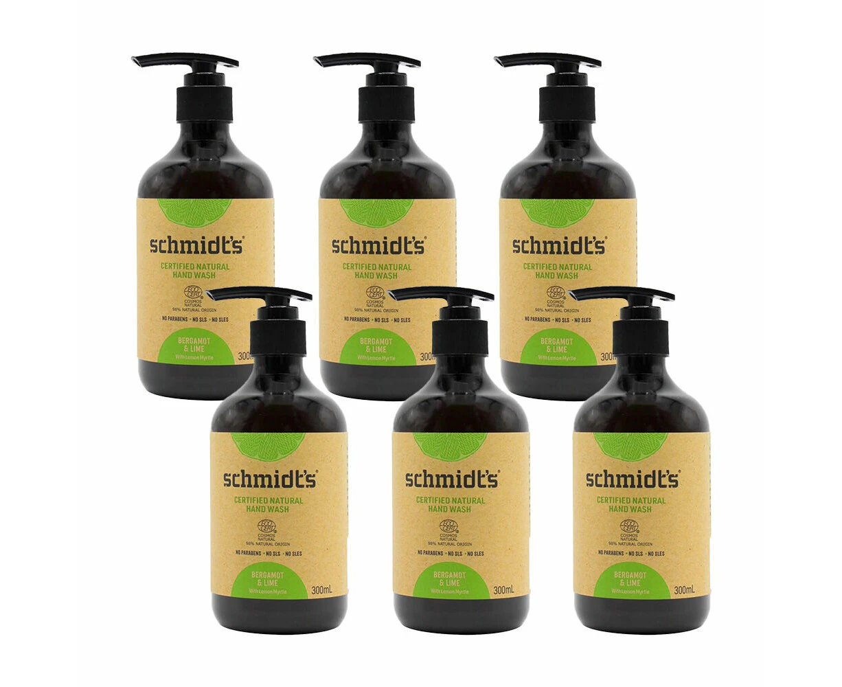 6PK Schmidts 300ml Hand Wash Skin Cleaning Soap Bergamot & Lime w/ Lemon Myrtle