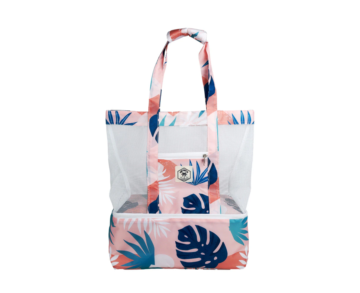 Good Vibes 2 In 1 Beach Cooler Bag Blush Palm 45x44x18cm Camping Outdoors