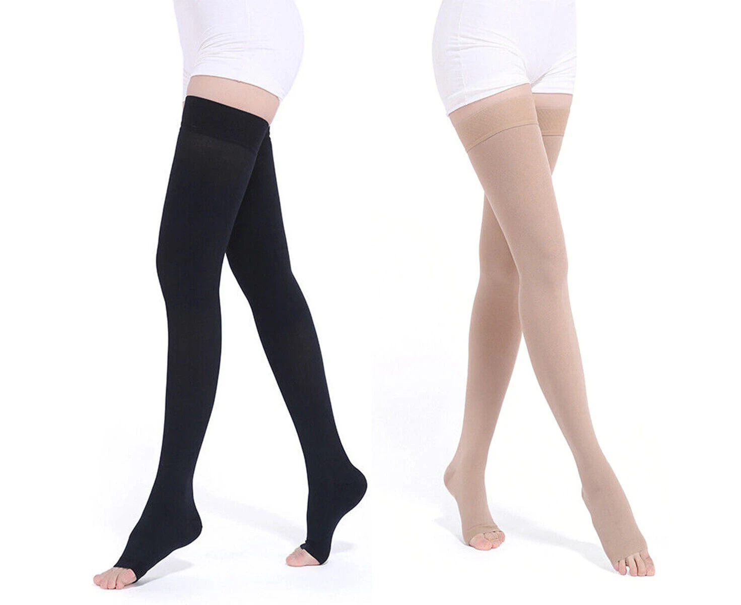 Medical Compression Stockings Support Varicose Veins Thigh High Open Toe Unisex Beige