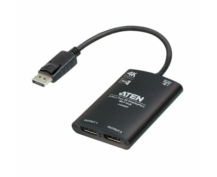 Aten VS92DP Video Splitter 2-Port True 4K resolution for dual output, up to 3840x2160@30 Hz, DisplayPort 1:2; HDCP 1.3 Compliant