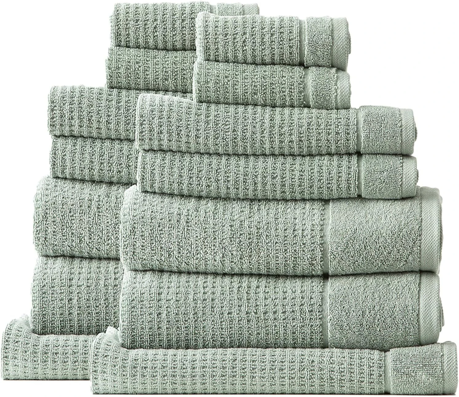 Cambrid  Waffle 650 GSM Textured Bath Towel 14-Pieces Set, Eucalyptus