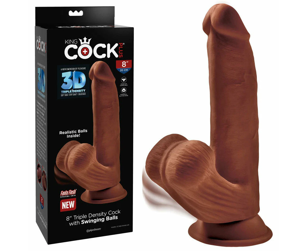 King Cock Plus 8'' 3D Cock with Swinging Balls - Brown 20.3 cm Dong