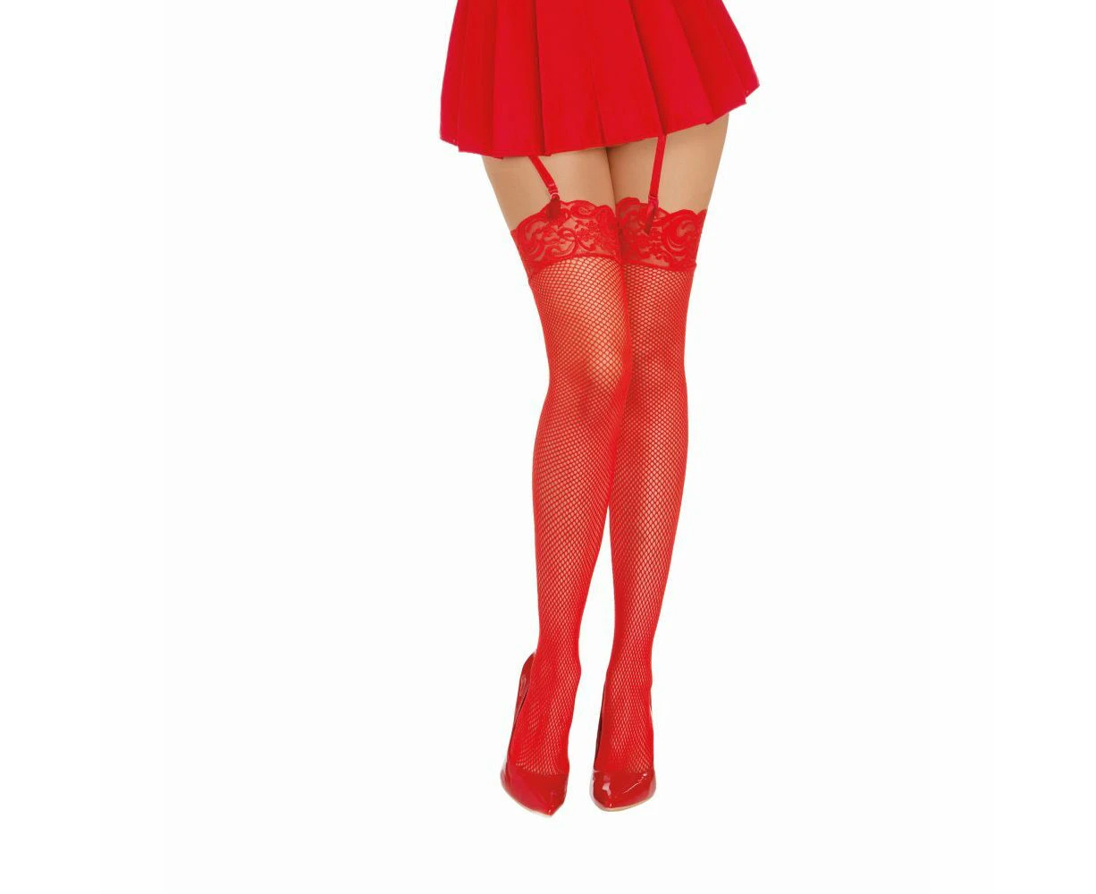 Thigh High Fishnet W/ Lace Top Red O/s