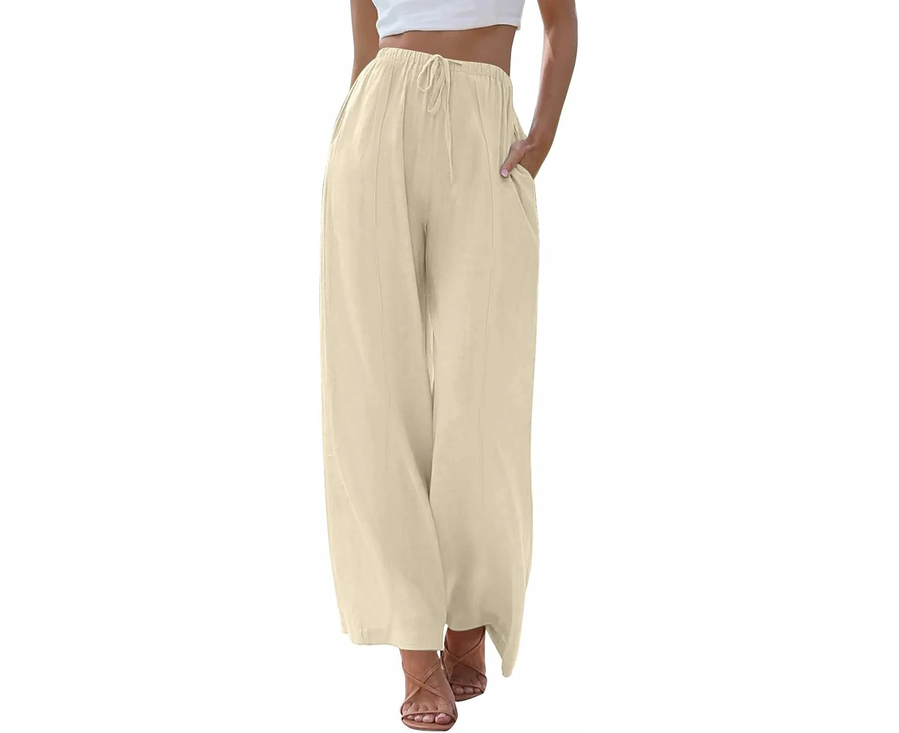 2025 Summer Linen Cotton Pants for Womens Fashion Solid Casual High Waist Loose Fit Drawstring Wide Leg Trousers with Pockets