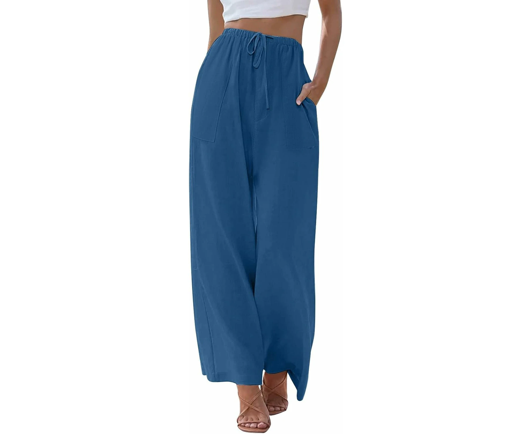 Women's Linen High Waisted Straight Pants 2025 Lightweight Lounge Pants Cotton Linen Travel Beach Summer Pants with Pockets