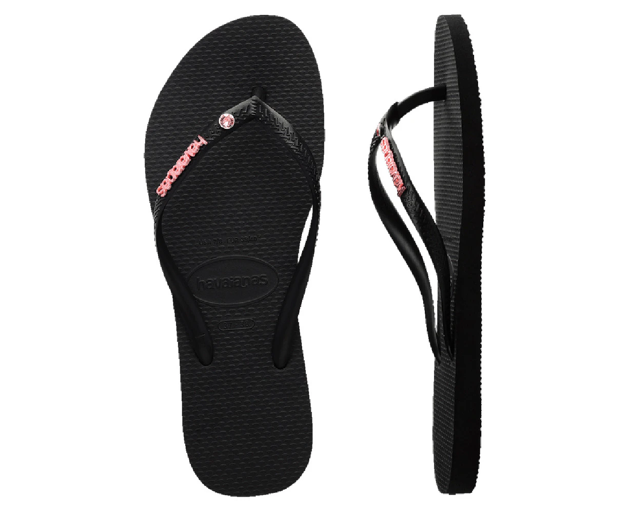 Havaianas | Slim Metal Logo Crystal Thongs Black/Pink